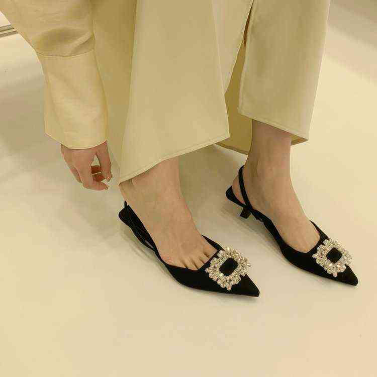 

Wind square buckle Rhinestone pointed shallow mouth single shoe 2022 summer new thin cat heel Baotou sandals women, Black