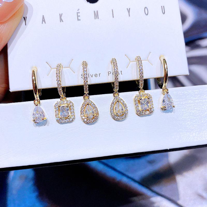 

Dangle & Chandelier 3 Pairs Cubic Zirconia Crystal Water Drop Earrings Set Gold Color Luxury Women JewelryDangle