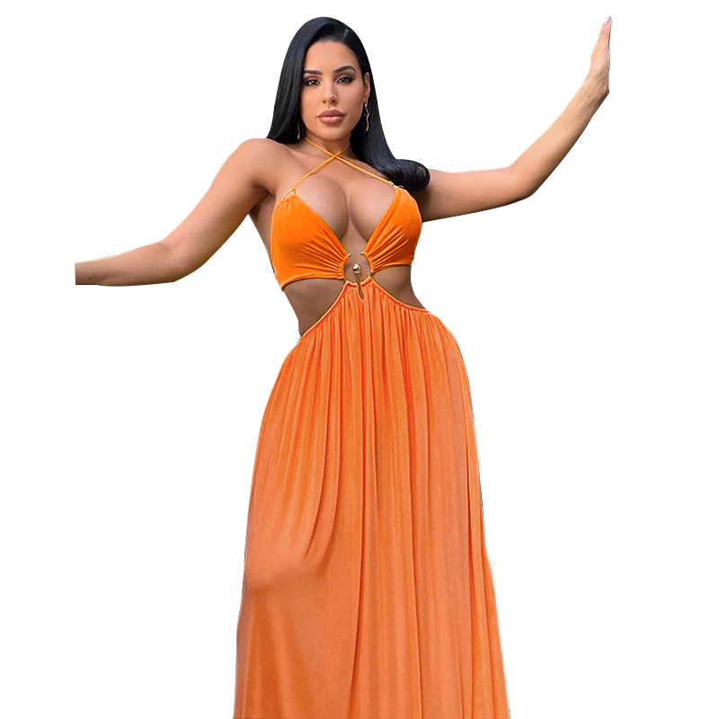 

casual dress Solid color sexy backless floor-length chiffon halter dresses, 01