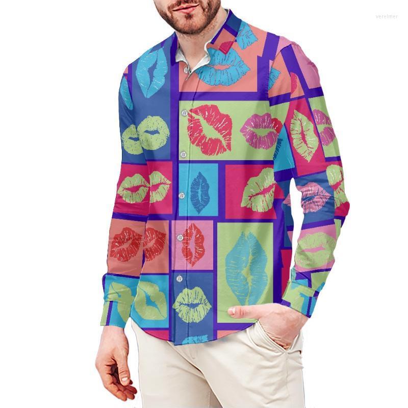 

Men's Dress Shirts Sexy Red Plaid Lip Printed Shirt For Men Full Sleeve Stretch Polyester Fall Mens FashionMen's Vere22, Ysfb01256f70