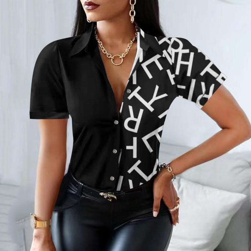 

Women' Blouses & Shirts Elegant Shirt Office Lady Letter Printing Tops Blusas 2022 Summer Women Clothing Casual Short Sleeve Button Blouses, Khaki
