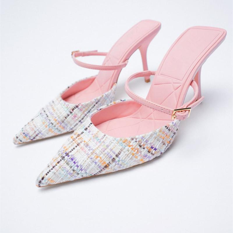 

Slippers Pointed Toe Shoes Women Summer Pantofle Slides Med Thin Heels Female Mule Heeled Mules 2022 Cover High Rome Cotton Fabr