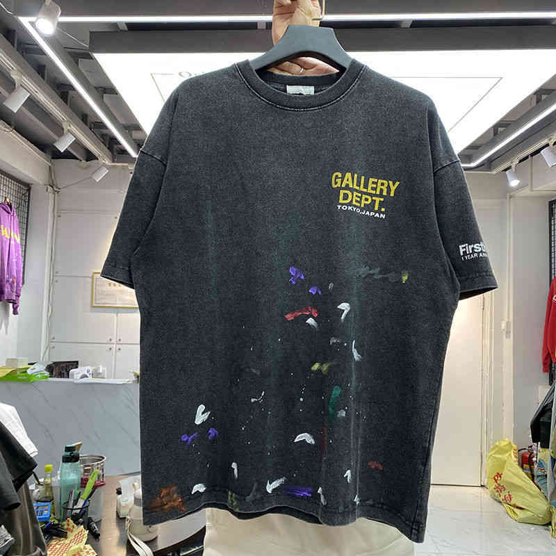 

Designer Shirt European and American High Gallerydepts Street Vintage Letter Printing Color Splash Loose Round Neck Short Sleeve T-shirt Trend Shirts Summer, Black