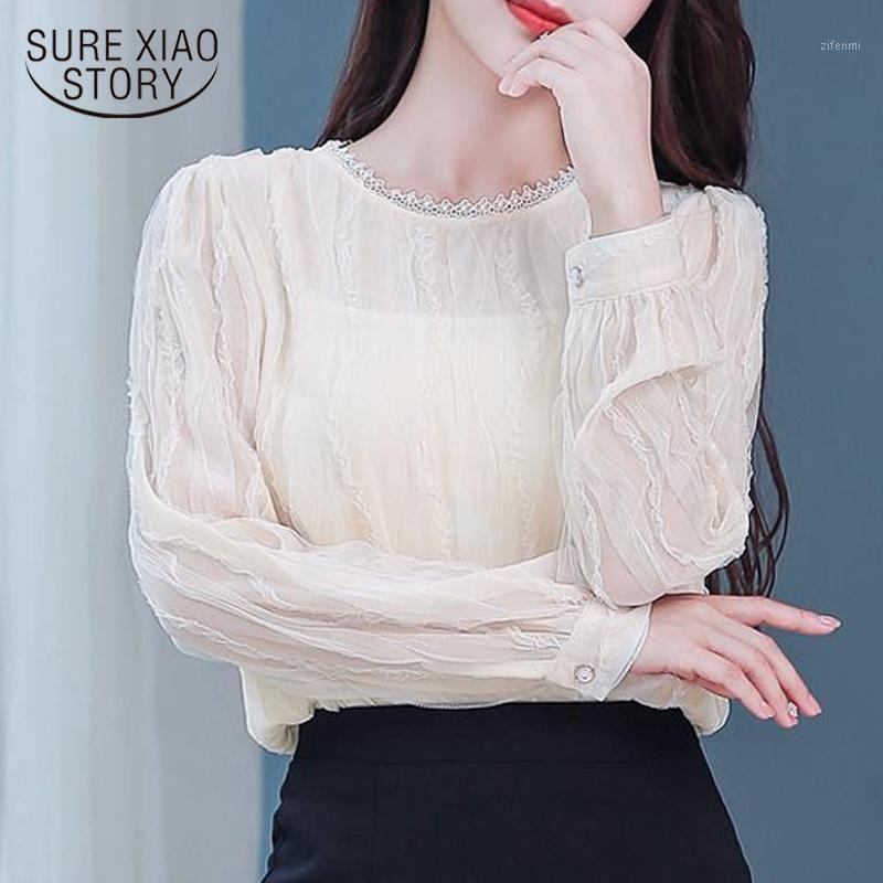 

Vintage Women Blouse Lace Shirt Woman Autumn Long Sleeve Chiffon Office Lady Korean Tops Solid Chic Mesh Pullover 10932 Women' Blouses & Sh, Apricot