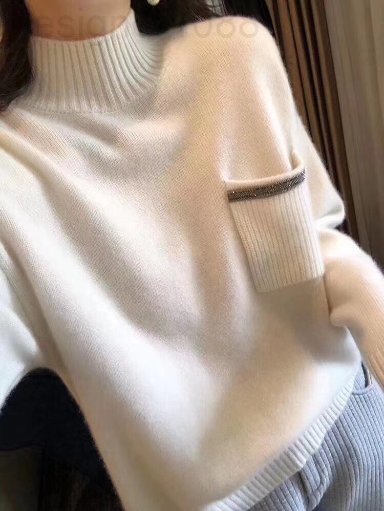 

Women' Knits & Tees designer 2021 autumn and winter new style semi high neck sweater women' Pullover loose hot drill pocket thin knit bottoming shirt solid color 99MN, 2# packing bag