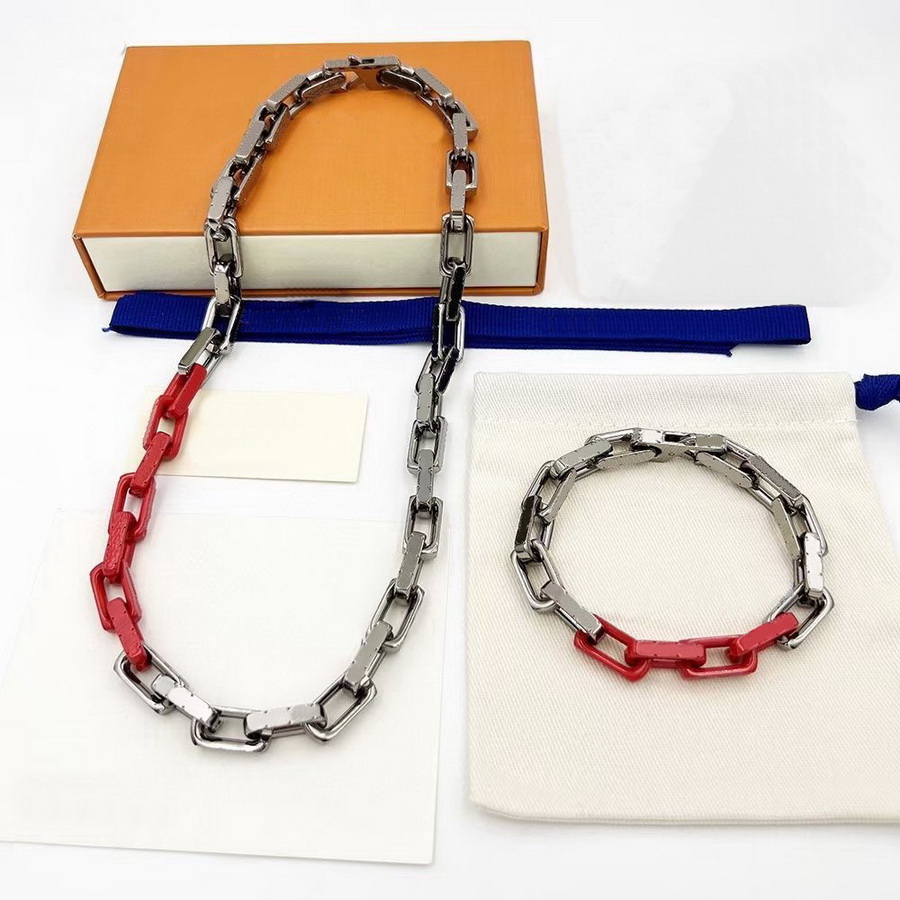 Europe Amérique Mode Ensembles de Bijoux Hommes Femmes Argent Or Couleur Arc-En-Ciel Gravé V Initiales Fleur Chaîne Collier Bracelet M68241 M6946