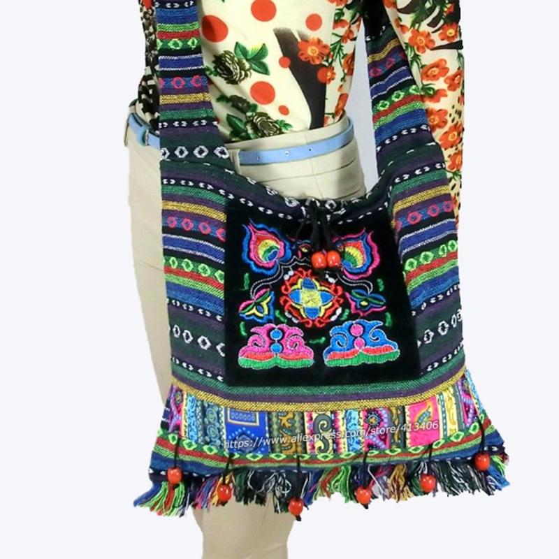 

Evening Bags Vintage Hmong Tribal Ethnic Thai Boho Shoulder Bag Message Linen Handmade Embroidery Tapestry SYS-083F, As pic