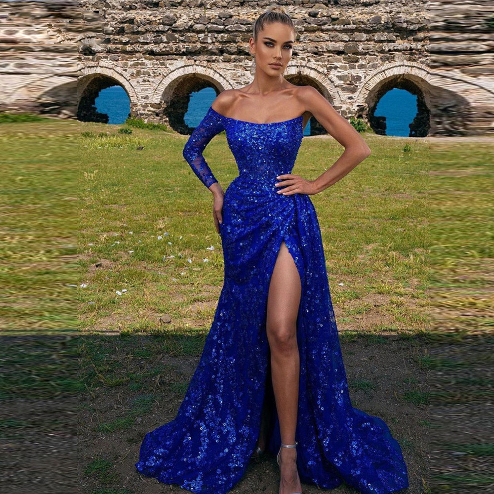 Royal Blue Sequin Mermaid Evening Dresses One Shoulder Long Sleeve Side Slit Sweep Train Party Prom party Gowns Sparkly