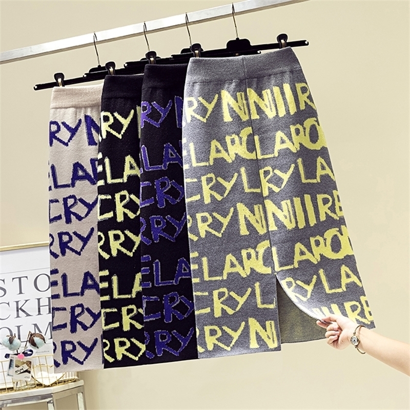 

Winter womens skirt woolen knitted pencil skirt women midi bet letter split high waist big elasticity Y200326, Black yellow letters