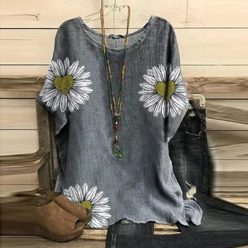 

Women's Blouses & Shirts Women Blouse Summer Casual O-neck Short Sleeve Flower Printing Loose Shirt Tops Female Pullover Elegant Solid