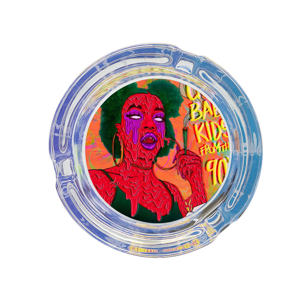 

Beauty round style glass ashtray small 65mm colorful printing UV pattern ashtrays