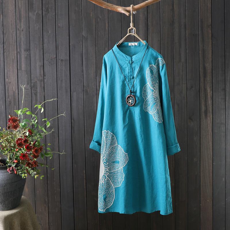 

Ethnic Clothing Style Mid-length Cotton Linen Shirt Women Vintage Harajuku Embroidery Top Eleganti Loose Female Spring Autumn Long SleeveEth