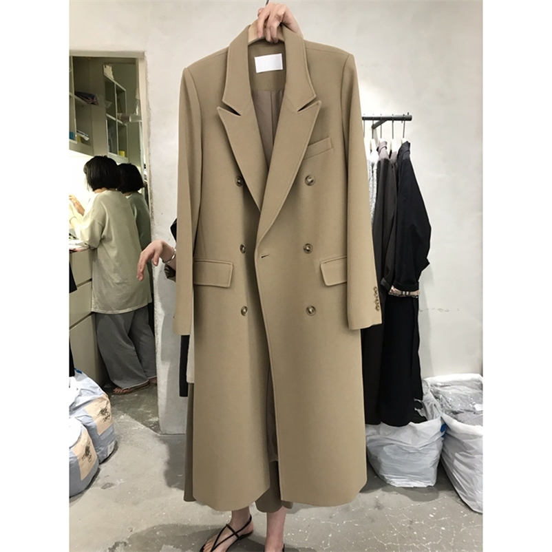 

Women's Wool Blends Long double breasted solid breif blazer women Spring Autumn korean fashion loose suit 220826, Khaki