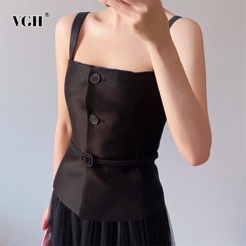 

VGH Black Sashes Slim Vests For Women Square Collar Sleeveless Straight Solid Sexy Camis Female Summer Fashion Clothing 220318