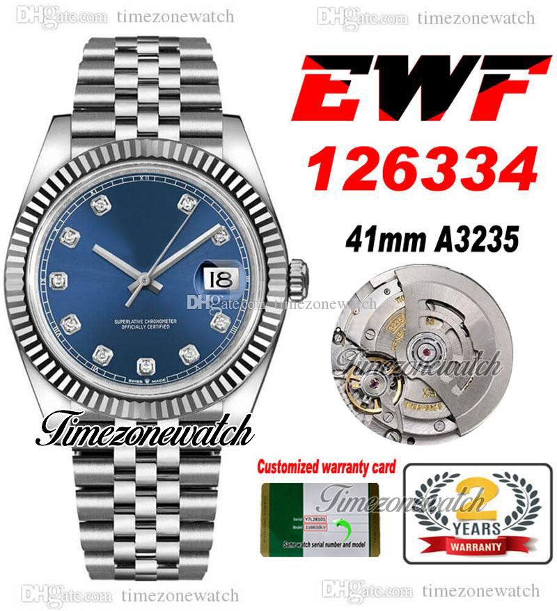 

EWF 41 126334 A3235 Automatic Mens Watch Fluted Bezel Blue Dial Diamonds Markers JubileeSteel Bracelet With Same Serial Card Super Edition Timezonewatch G7, Custom warranty card