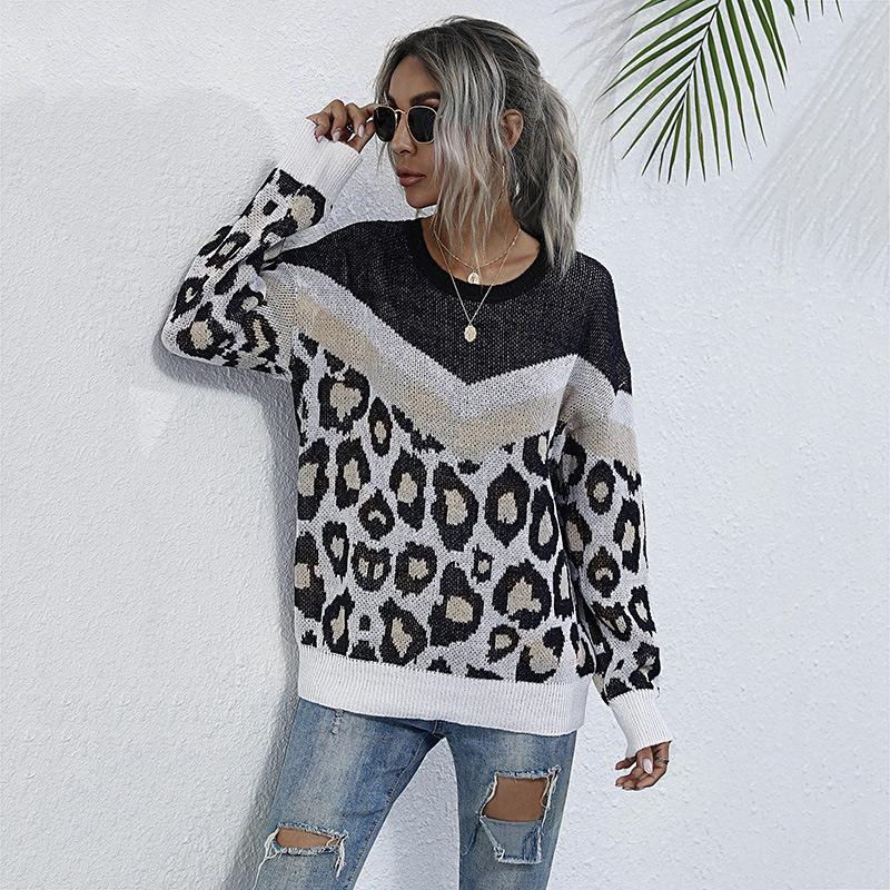 

Women' Sweaters Women Leopard Splicing Knitted Sweater Pullovers Autumn Winter Top Long Sleeve Loose Knitwear, Mint