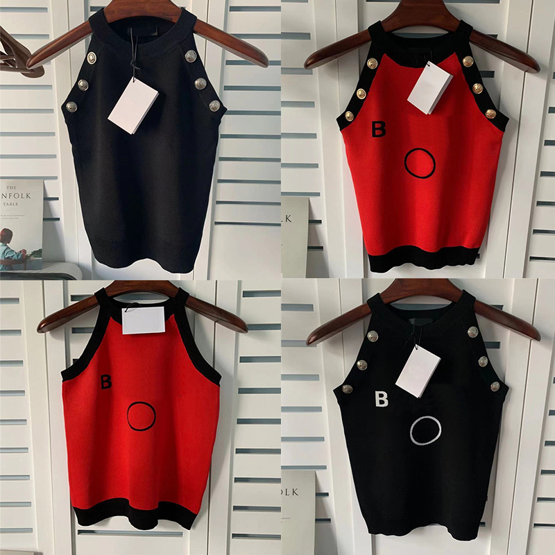 

Summer Women Knits Vest Designer Gold Silver Button Vests Suspender Halter Sleeveless Shirt Tops, Black/silver