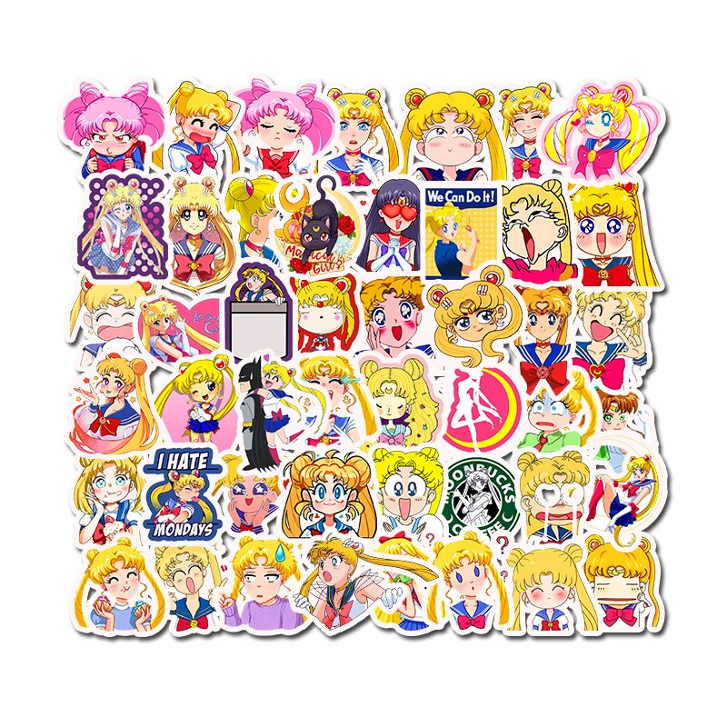 

50Pcs/Lot Sailor Moon Tsukino Usagi Mixed Stickers Diary Scrapbooking Sticker Decal Skateboard Doodle Laptop Stickers for Kids, Multi colors