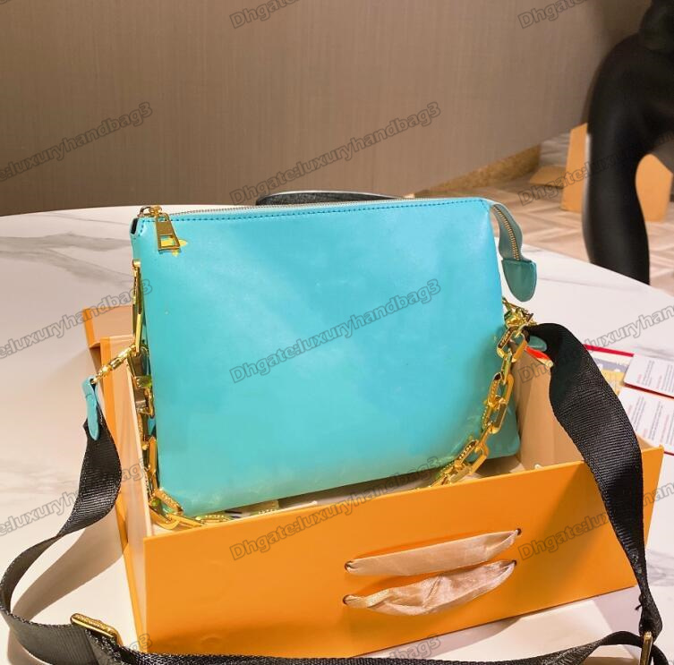 

Designer Spring-Summer 2022 Handbag Coussin PM Shoulder Bag Embossed Puffy Lambskin Bold Monograms Print Chain Pochette Clutch Carry Wide Textile Strap Crossbody, Color 1#