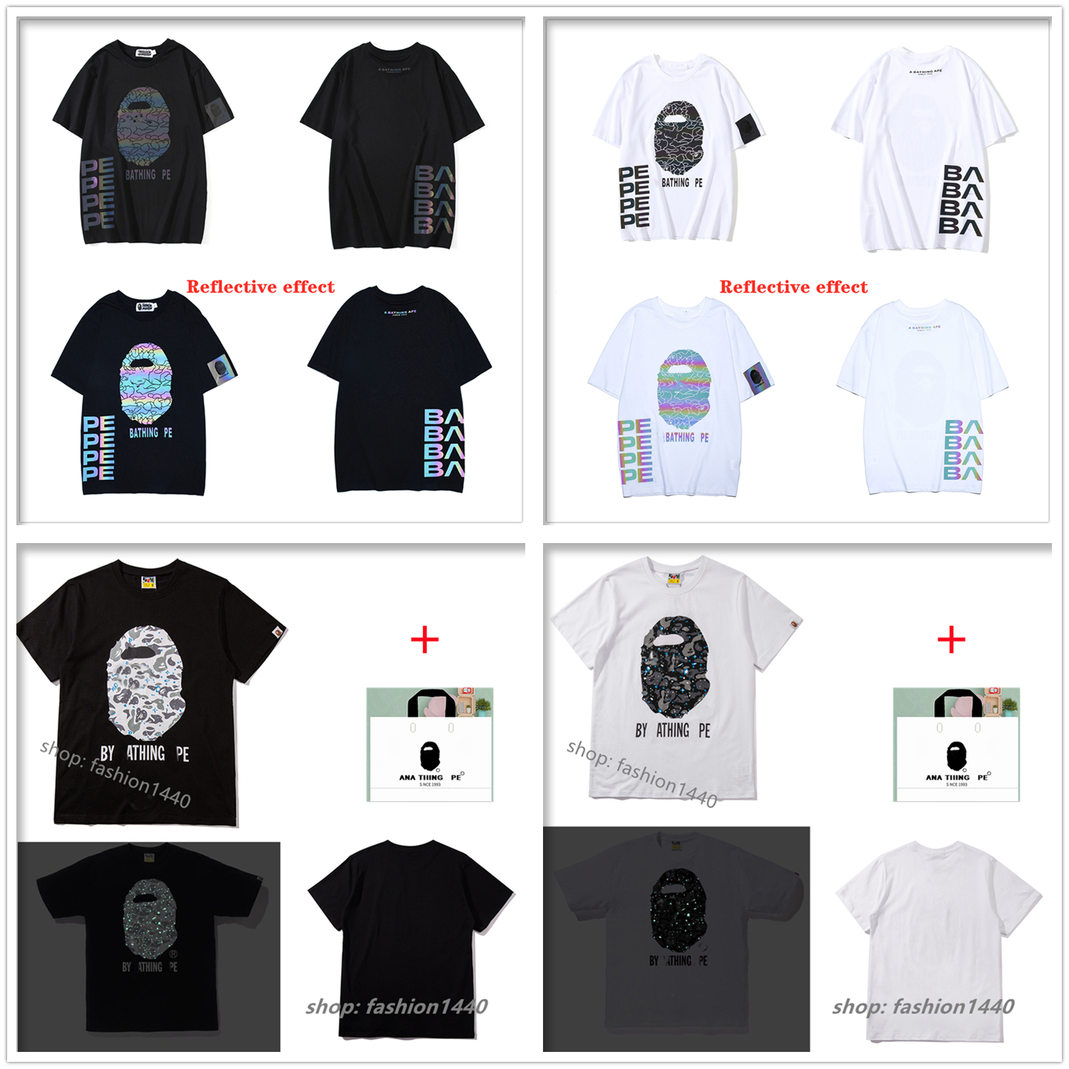 

apes Ment shirt Japanese fashion brand women short-sleeved T-shirt shark head fake zipper starry night light high quality printing couple cotton belt tote bag C01, 1 pcs button