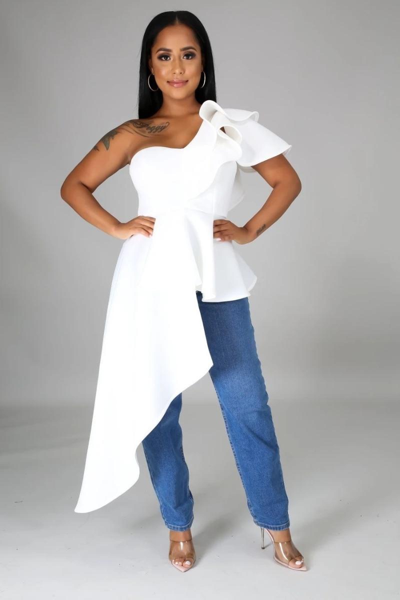 Women&#039;s Blouses & Shirts One Shoulder Ruffle Asymmetric Temperament Commuter Solid Color Long Tail Dress Fashion Elegant Women Tops And 2022-image-785703981