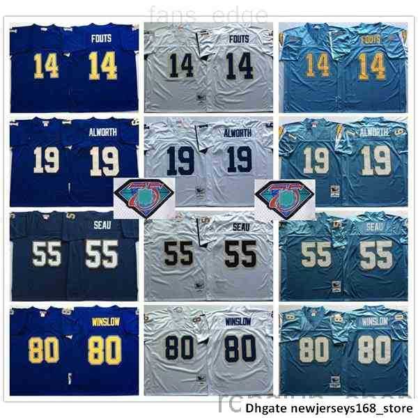 

NCAA Vintage Retro #55 Junior Seau Jersey 14 Dan Fouts 19 Lance Alworth 80 Kellen Winslow Mens Blue White Football Jerseys 75th Patch, As picture