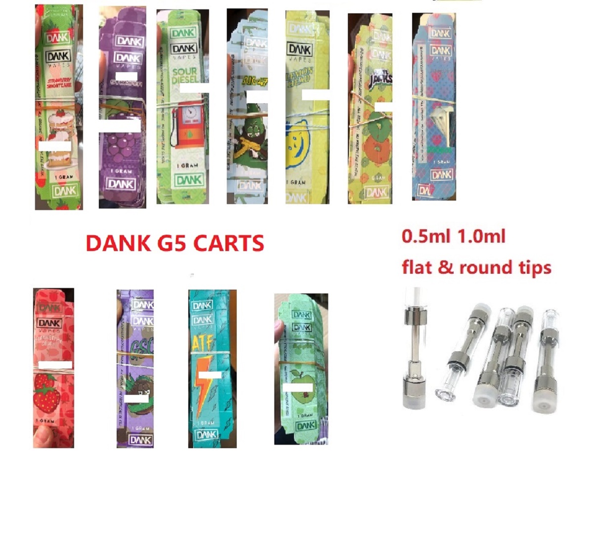 

Dank Carts G5 Atomizers 510 Thread Glass Tank 0.5ml 0.8ml 1ml Press on Tip Vape Pen for Thick Oil with Retail Packaging