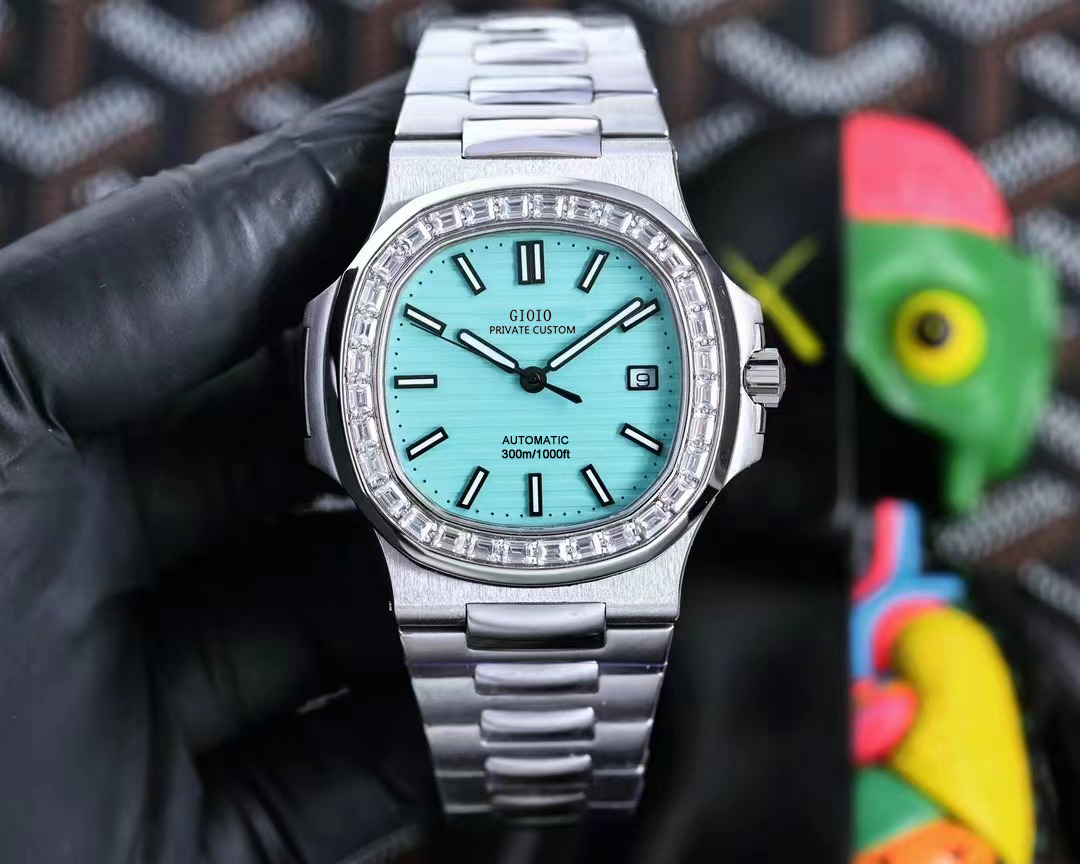 

Men Automatic Mechanical Watch Sky Blue Square Diamond Black Leather