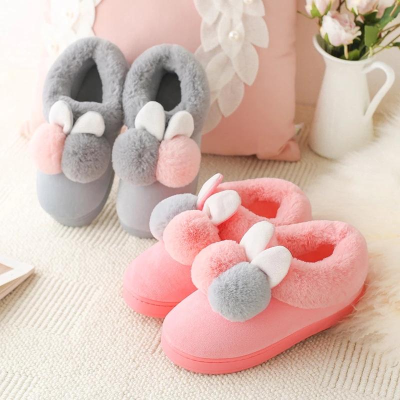

Slippers Women Winter Velvet Snow Female Indoor Home Shoes Casual Ladies Soft Comfort Furry Ears Plush Footwears Couples, Pink
