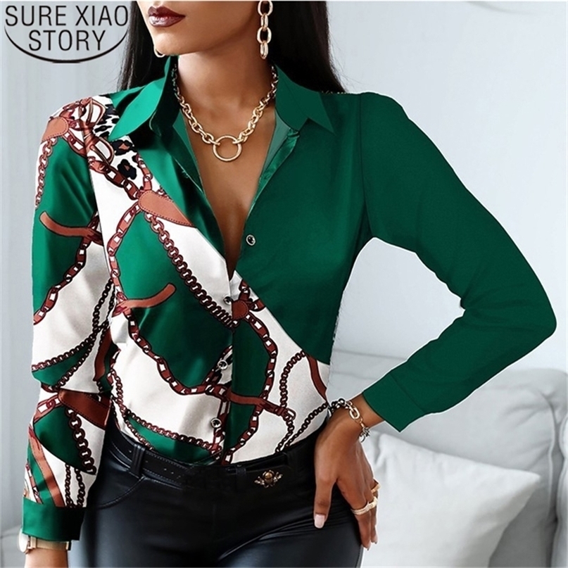 

Vintage Print Blouses Striped Floral Leopard Shirts Office Lady Print Blouse Spring Fashion Button Long Sleeve Women Tops 18972 220419, Green