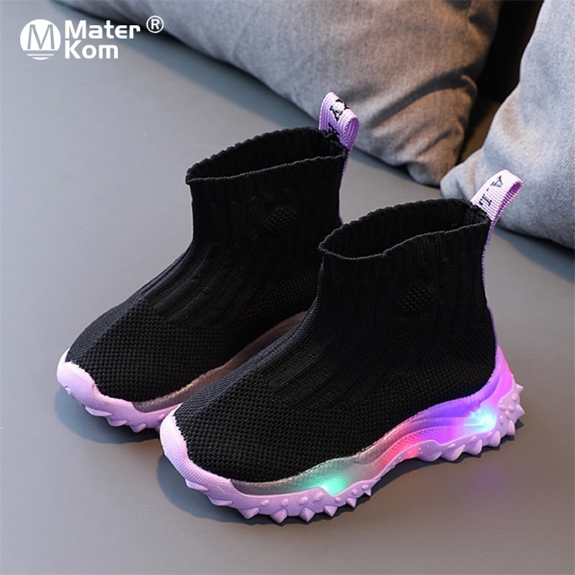 

Size 21-30 Baby Sock Shoes With LED Lights Mesh Luminous Sneakers For Kids Boys Girls Children Breathable Glowing Toddler Shoes 220429, Green