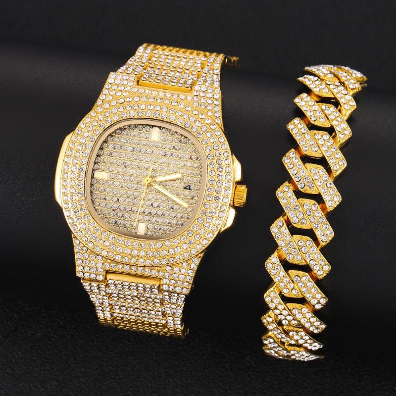 

Wristwatches Watches For Men Women Luxury Hip Hop Iced Out Gold Watch With Bracelet Cuban Chain Quartz Square Relogio Masculino Groomsmen, 20cm bracelet