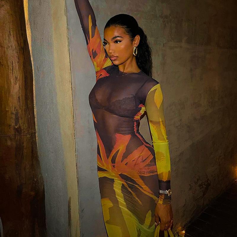 

Mesh Print See Through Sexy Maxi Dresses For Women Long Sleeve Fashion Clubwear Party Dress Bodycon Skinny, Gold