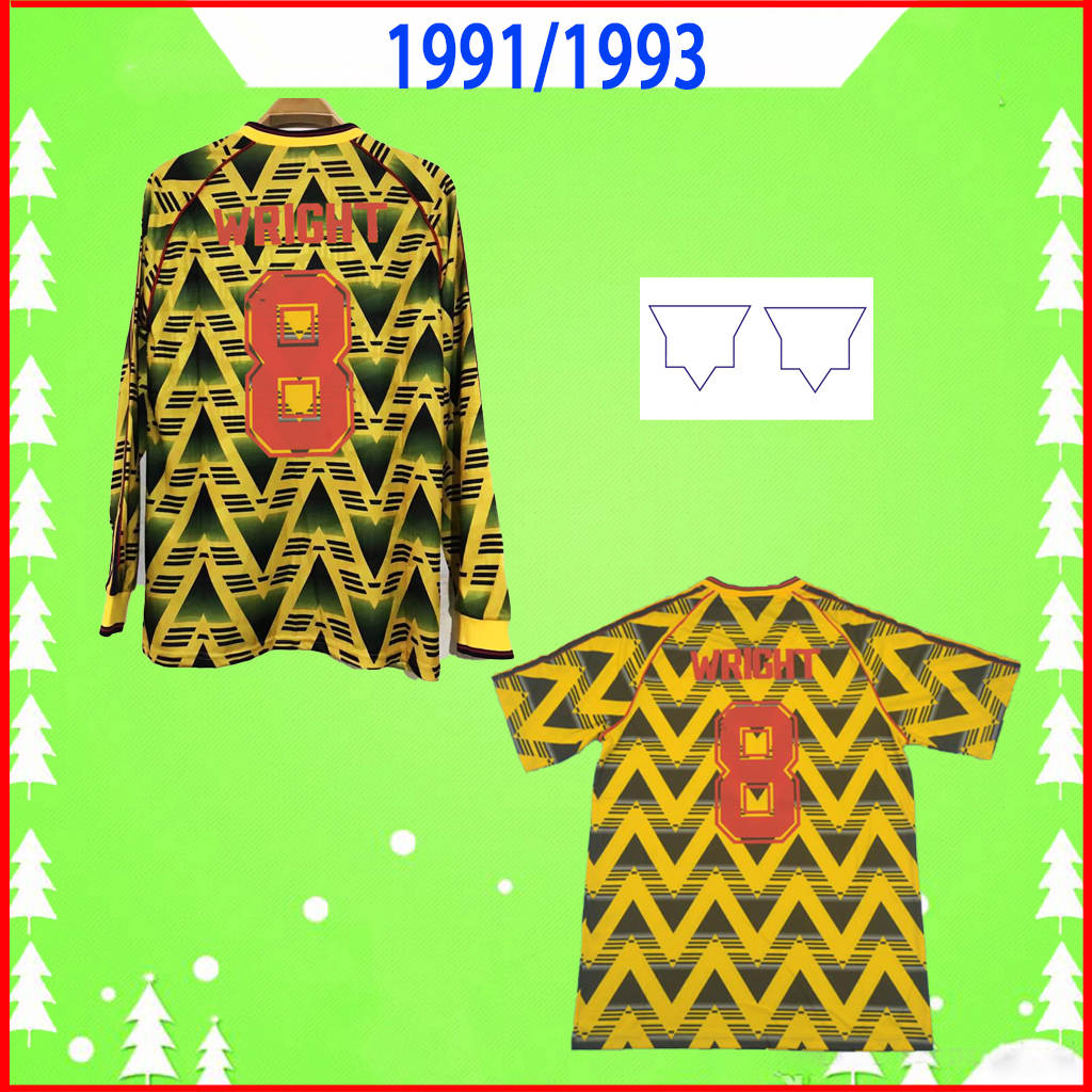 

1991 1992 1993 RETRO soccer jersey 91 92 93 away yellow classic vintage football shirt BERGKAMP HENRY WRIGHT PLATT VIERA MERSON thai quality -2XL long short sleeve, 91/93 long sleeve