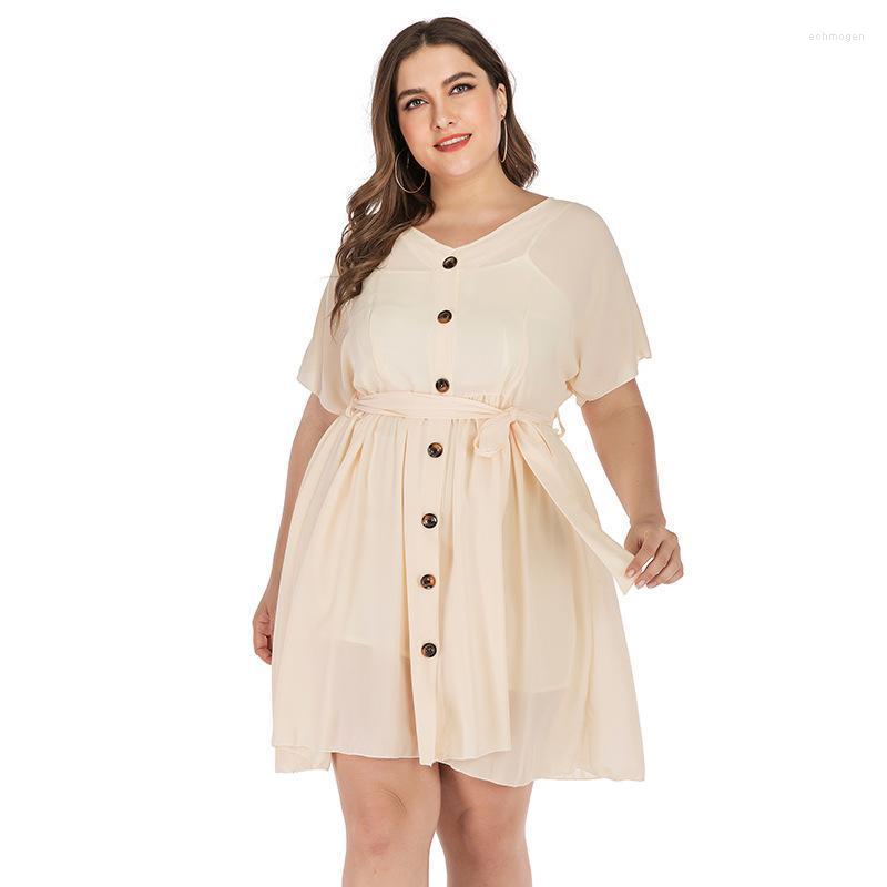 

Plus Size Dresses Single Breasted V Neck Lace Up Slimming Knee Length For Women 2022 Vestidos De Mujer Casual Tallas Grandes Echm22, Apricot