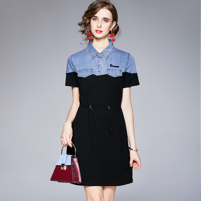 

2022 Shirt Neck Elegant Mini Dress Short Sleeve Woman Designer Summer Vintage Lapel Contrast Color Slim A-Line Dresses Runway Women Clothes Sweet Cute Casual Frock, Green