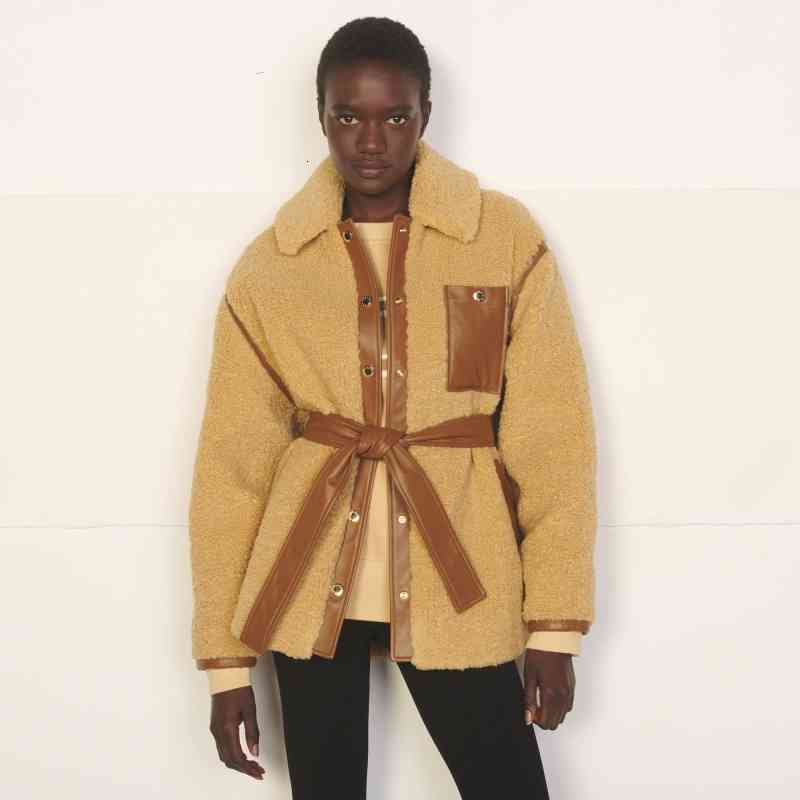 Women&#039;s Wool & Blends Sand Spring Autumn Arrival Leather Inserts Waist Tie Shirt Collar Jacket Fashion High Quality Ladies VOVX-image-766661810