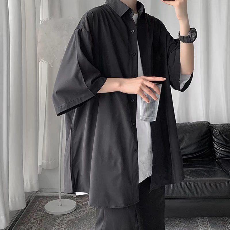 

Men' Tracksuits Summer Shirt Two Piece Set Men' Simple Loose Villain Handsome Casual Fashion Light Color Mature Style With Ice Silk Su, Black