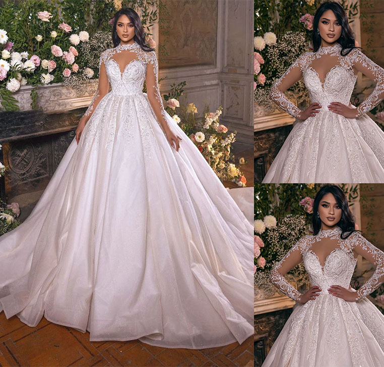

Luxury High Neck Ball Gown Wedding Dresses Full Length Lace Vestido de Noiva Beads Floor Length Arabic Dubai Bridal Gowns, Purple