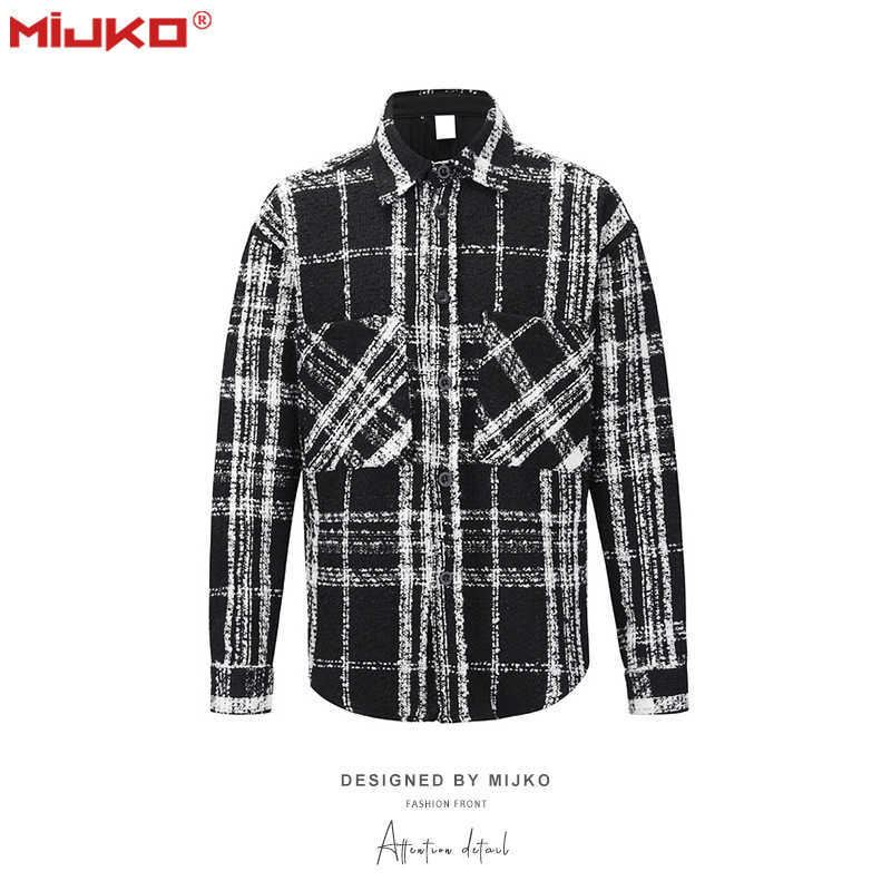 

Men's Casual Shirts Mijko men's wear women's autumn and winter new round hem thick Plaid Shirt Men's and women's high street fashion long sleeve shirt, Black