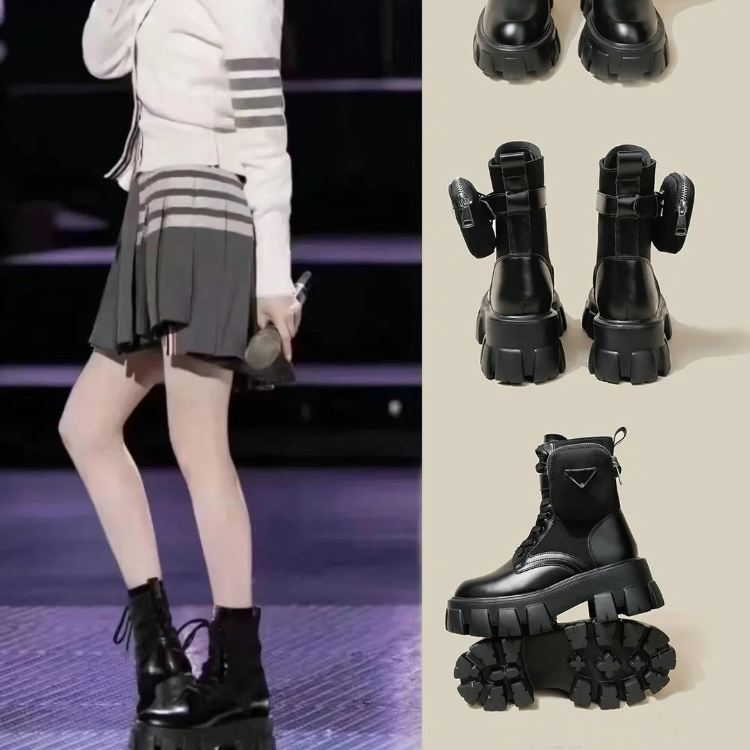 

fashion designer Ankle boots for women classic triangle button Small bag decoration leisure shoes quality thick soled muffin lace up casual Martin boot 35-40, 8#