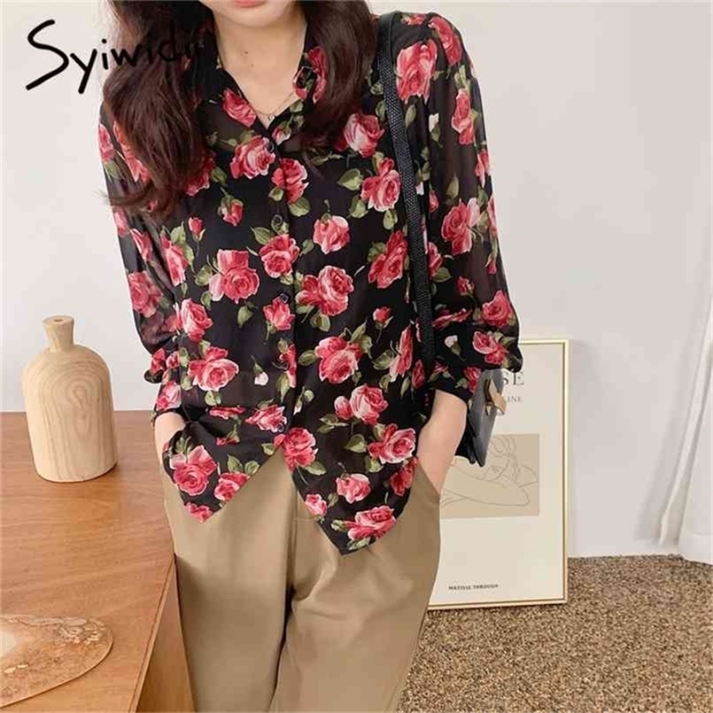 

Floral Chiffon Blouse for Womens Tops Button Up Shirt Long Sleeve Fall Korean Fashion Plus Size Loose Office Lady 210607, Black