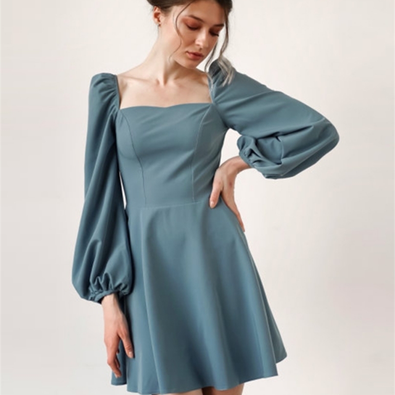 

CHURSES Solid Casual Spring Mini Dress Puff Sleeve Square Neck Elegant Slim Party Ladies Vintage A Line Women es 220613, Blcak