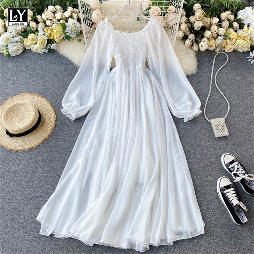 

LY VAREY LIN Spring Autumn Women Elegant Holiday Dresses Puff Sleeve Slash Neck Off Shoulder Smocked White Chiffon 220418