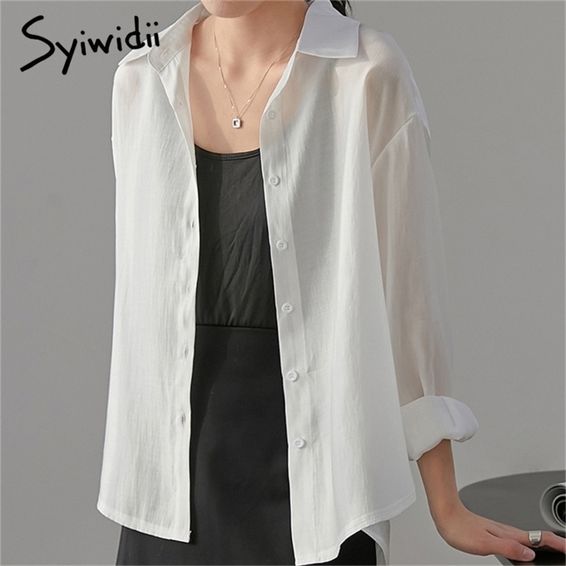 

Sun Cover Blouse Women Shirts Spring Summer Thin See Through White Blue Casual Tops Long Sleeve Turn Down Collar 210607
