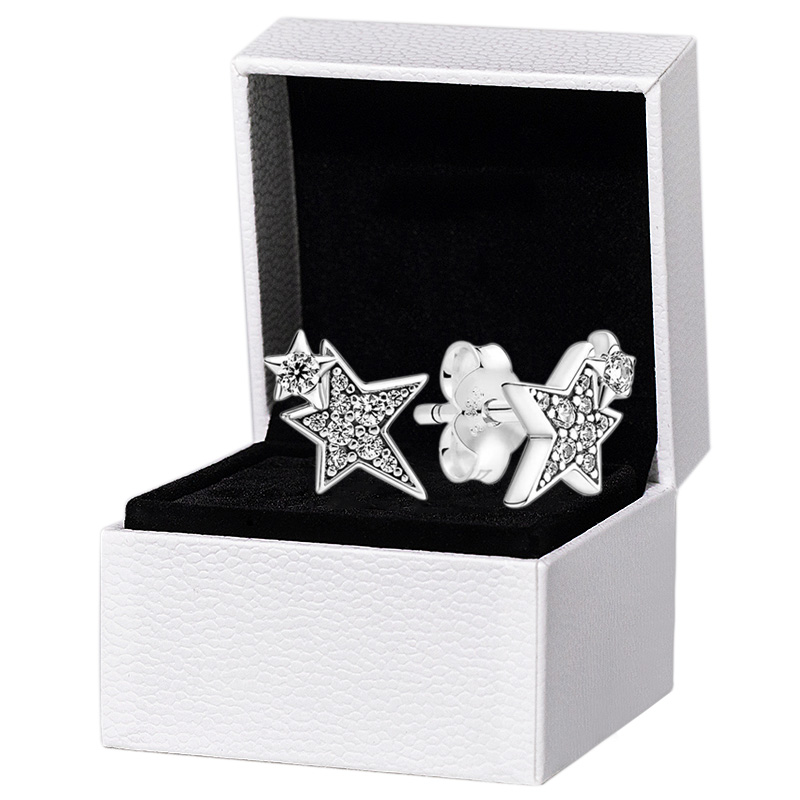 

Authentic 925 Silver Asymmetric Stars Stud Earrings Original box for Pandora Girl Earring set