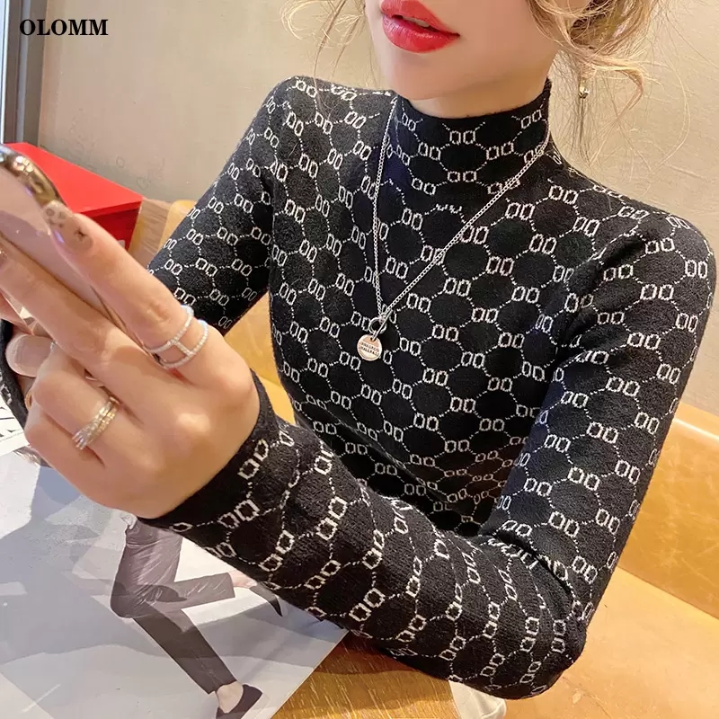 

2023 Womens stretch turtleneck sweater print keeps warm O letter ribbed knitted pullover Y2k new fashion punk top sweaters cardigans for women autumn and winter, Default color