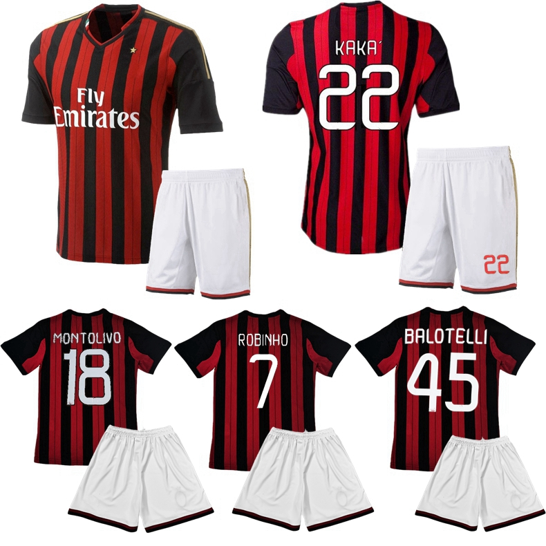 

2013 2014 Robinho Balotelli KAKA retro kid kit soccer sets 13 14 milan El Shaarawy Pazzini MONTOLIVO vintage classic children ac boy jersey shorts, 13 14 home serie a kid kits