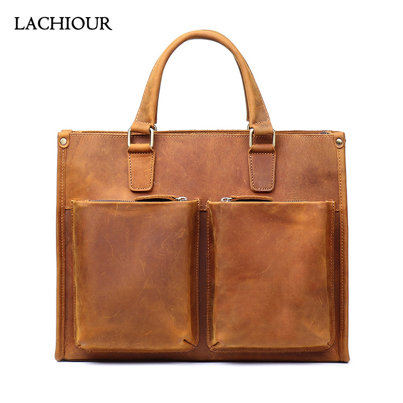 

Unisex Genuine Leather Handbag Men Large Business Travel Bag Male Leather Shoulder Bag Crazy Horse Leather Messenger BagSARINE, Brown