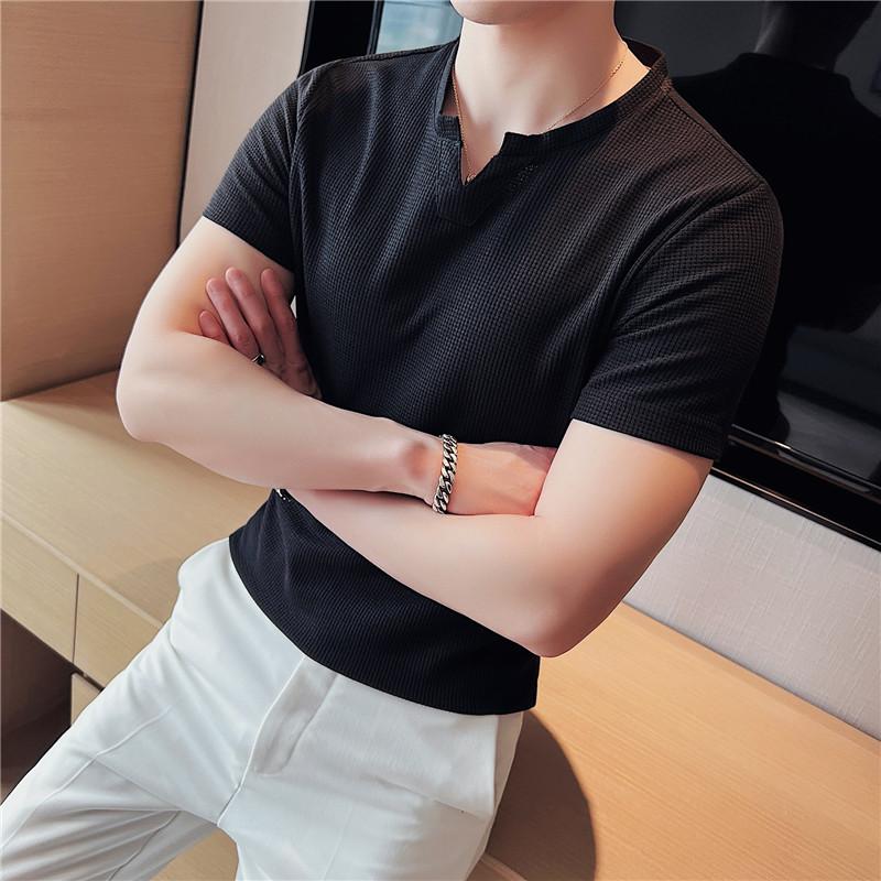 

Men's T-Shirts Summer Waffle Mens White Elegant Stylish Clothing Retro Gentleman Knitted Blouse British Style Tops BlackMen's